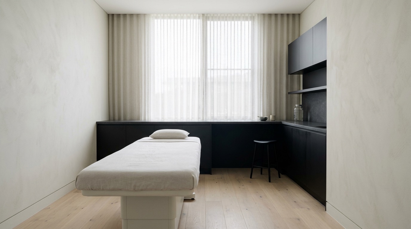 A treatment room: linen curtains across a wide window, a pale bed, a black stone counter, light oak floor.